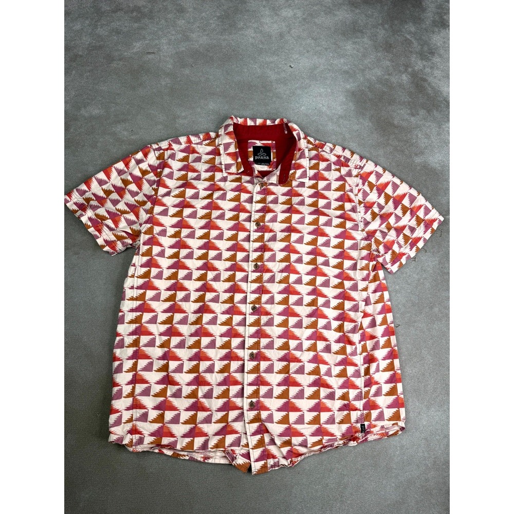 prAna Shirt Men XL Multicolor Geometric Print Short Sleeve Summer Wear Button Up